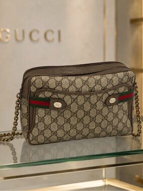 AUTHENTIC GUCCI BROWN SHERRY SUPREME WEB 2 STRAPS LEATHER TRIM